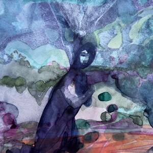 Ritratto femminile, blu e viola, acquerello su carta, originale