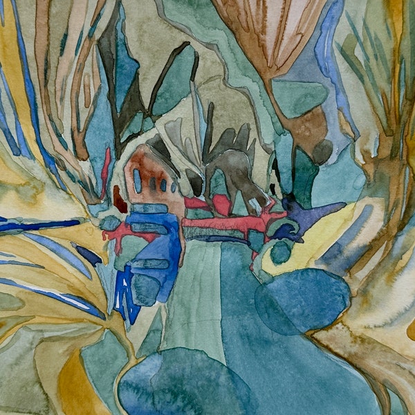 Kleines Dorf, Aquarellskizze, kleine Arbeiten auf Papier, Originalkunst