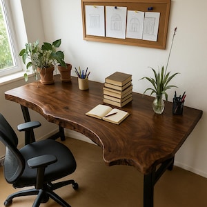Escritorio rústico de madera con borde natural para oficina en casa y sala de estudio