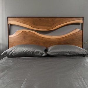 Artistic Live Edge Headboard Bedroom Centerpiece - Natural Woodgrain Headboard with Contemporary Frame - Handcrafted Wooden Headboard