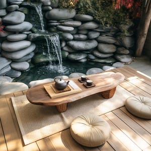 Zen Style Low Tea Table for Meditation Room Japanese Garden or Outdoor Patio with Natural Organic Shape and Peaceful Minimalist Design