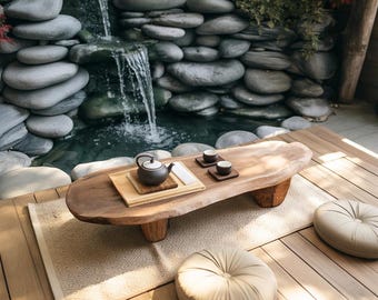 Zen Style Low Tea Table for Meditation Room Japanese Garden or Outdoor Patio with Natural Organic Shape and Peaceful Minimalist Design