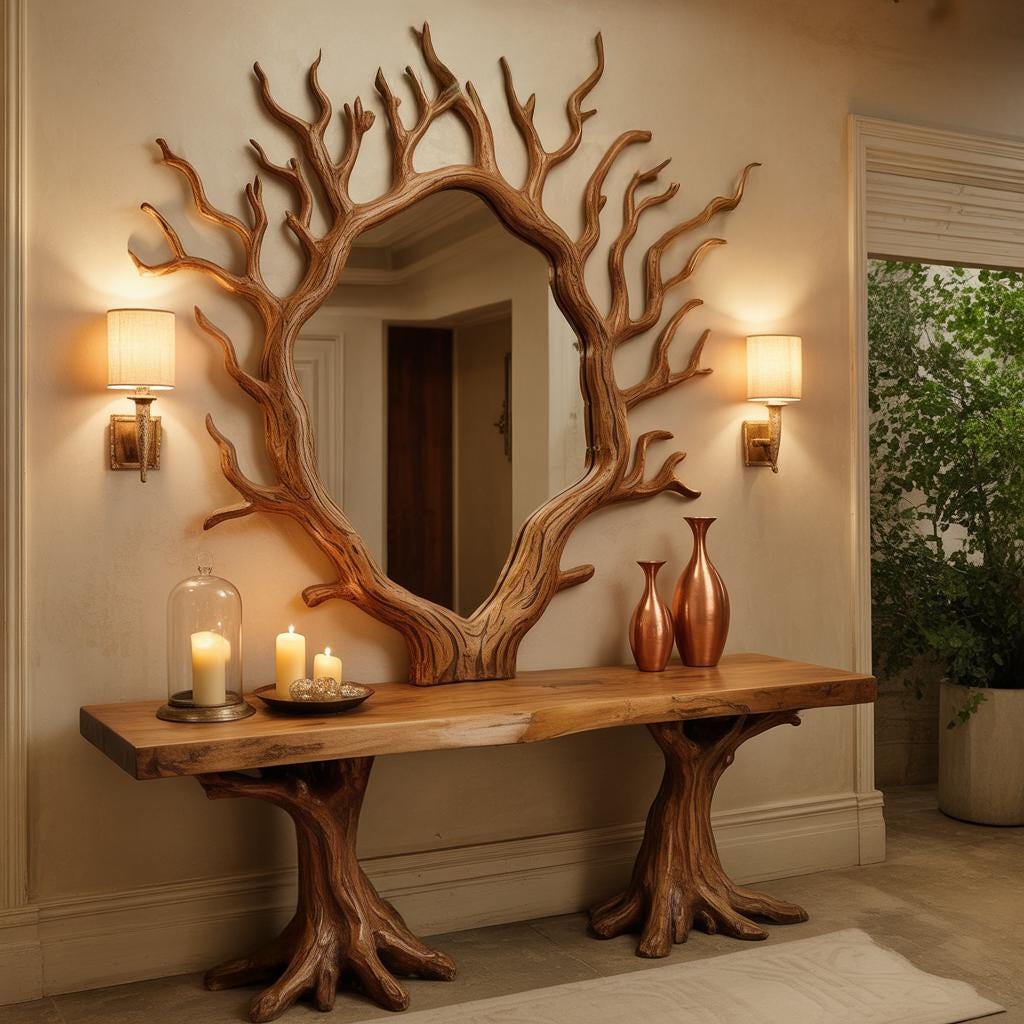 Rustic Tree Branch Mirror with Live Edge Bench, Handmade Wooden Furniture for Entryway Hallway or Living Room Decor