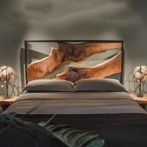 Artistic Live Edge Headboard Bedroom Centerpiece - Natural Woodgrain Headboard with Contemporary Frame - Handcrafted Wooden Headboard