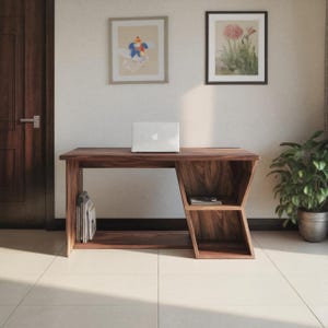 Handmade Wooden Writing Desk with Modern Geometric Design and Open Storage Shelves for Home Office or Study