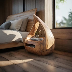 Artistic Teardrop Nightstand with Organic Design and Handcrafted Solid Wood for Modern Bedroom