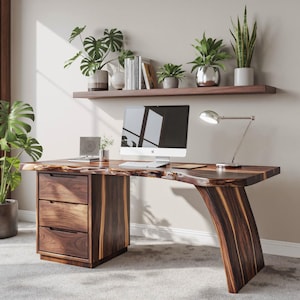 Artisan Live Edge Wooden Desk with Sculptural Curved Legs for Modern Home Office or Executive Workspace Decor