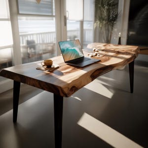 Modern Live Edge Desk for Home Office with Natural Wood Grain Top and Black Legs for Creative Workstation or Study Room Setup