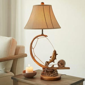 Rustic Fishing Table Lamp with Fisherman Rod and Leaping Fish Design Artistic Night Light for Cabin Living Room or Lodge Decor