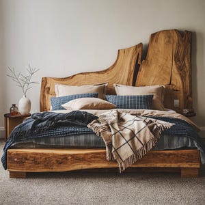Rustic Live Edge Wooden Headboard - Natural Woodgrain Headboard  -  Handcrafted Natural Wood Bed with Unique Live Edge Headboard