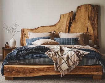 Rustic Live Edge Wooden Headboard - Natural Woodgrain Headboard  -  Handcrafted Natural Wood Bed with Unique Live Edge Headboard