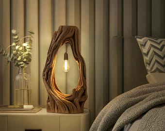 Rustic Wood Floor Lamp With Exposed Edison Bulb for Living Room or Reading Corner Ambient Lighting Sculptural Organic Home Decor