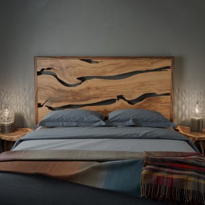 Artistic Live Edge Headboard Bedroom Centerpiece - Natural Woodgrain Headboard with Contemporary Frame - Handcrafted Wooden Headboard