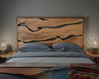 Artistic Live Edge Headboard Bedroom Centerpiece - Natural Woodgrain Headboard with Contemporary Frame - Handcrafted Wooden Headboard