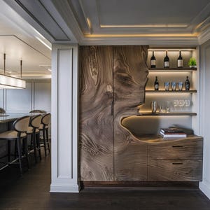 Modern Carved Wood Bar Cabinet with Integrated Wine Shelves and Storage Drawers for Contemporary Dining Room or Home Lounge