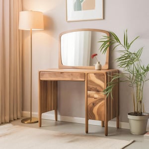 Mid Century Modern Wooden Vanity Desk With Drawers Minimalist Makeup Table For Bedroom Dressing Corner Organizer With Storage