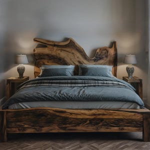 Handcrafted Natural Woodgrain Headboard – Rustic & Modern Design - Natural Wood Bed with Unique Live Edge Headboard