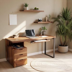 Contemporary Wood Desk With Drawer Storage and Keyboard Tray for Home Office Workspace or Bedroom Study With Minimalist Clean Design