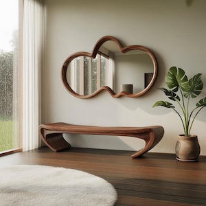 Modern Sculptural Wood Bench for Entryway or Living Room with Artistic Curved Design and Minimalist Natural Accent Furniture Statement Piece