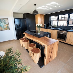Modern Live Edge Bar Countertop with Tree Stump Stools for Open Kitchen Island