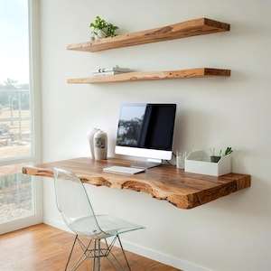 Escritorio flotante de borde natural / Mesa rústica de madera para computadora de pared, estación de trabajo de borde natural hecha a mano