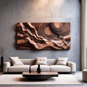 Layered Wave and Concentric Circle Wood Wall Sculpture Abstract Carved Wooden Panel for Living Room Bedroom or Modern Interior