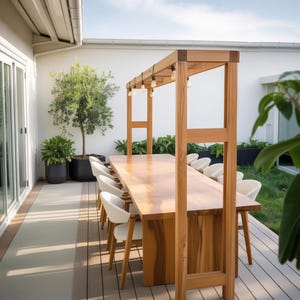 Modern Outdoor Dining Table With Canopy Frame for Patio Garden or Backyard Gathering Space Featuring Minimalist Rectangular Wood Design