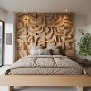 Modern Wooden 3D Wall Panel Headboard with Sculptural Geometric Pattern for Bedroom Accent and Interior Design