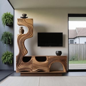 Wavy Sculptural Wood TV Console Organic Media Cabinet with Display Shelf Artistic Statement Unit for Modern Living Room or Lounge Wall