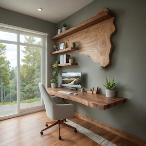 Solid Wood Live Edge Floating Desk & Shelves – Rustic Home Office, Handmade Solid Wood Floating Desk with Matching Shelves
