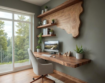 Solid Wood Live Edge Floating Desk – Rustic Home Office, Handmade Solid Wood Floating Desk