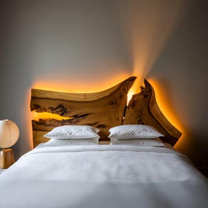 Unique Natural Wood Live Edge Headboard With Light,  Floated Wooden Headboard, King Bed Headboard light, Bedroom Decoration