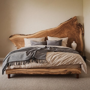 Rustic Live Edge Wooden Headboard - Natural Woodgrain Headboard  -  Handcrafted Natural Wood Bed with Unique Live Edge Headboard