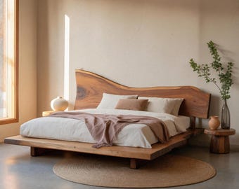 Sculptural Live Edge Headboard Handmade from Solid Wood for Modern Organic Bedroom Style