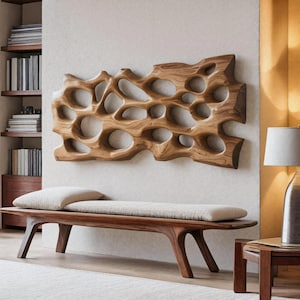 Organic Modern Wooden Wall Art Sculpture with Abstract Carved Design for Contemporary Living Room or Office Decor