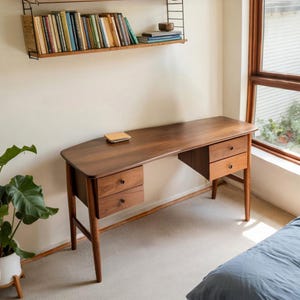 Mid Century Writing Desk with Gentle Curved Top for Bedroom Workspace or Study Nook