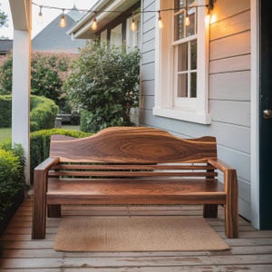 Rustic Outdoor Wooden Bench with Curved Backrest Handcrafted Porch Seating for Garden Deck Entryway or Backyard Relaxation