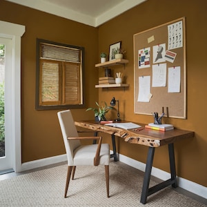 Escritorio rústico con borde natural, muebles de oficina de madera maciza, escritorio de oficina, escritorio de nogal, escritorio grande, consola, escritorio de computadora