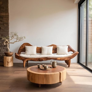 Modern Wooden Sofa with Sculptural Frame for Living Room or Lounge Accent Furniture