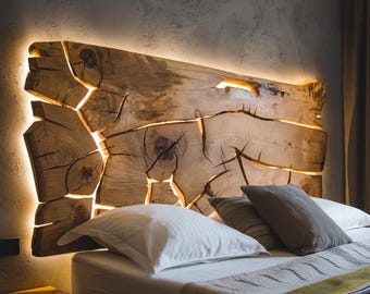 Unique Wooden Headboard Made Of Wood Pieces, King Bed Headboard light, Bedroom Decoration, Solid Wood Headboard With Led