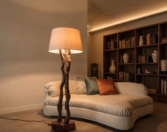 Organic Sculptural Floor Lamp for Living Room Corner with Handcrafted Tree Trunk Base