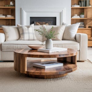 Modern Round Coffee Table with Shelf for Living Room Minimalist Low Profile Centerpiece Table for Sofa Lounge or Family Space
