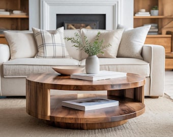 Modern Round Coffee Table with Shelf for Living Room Minimalist Low Profile Centerpiece Table for Sofa Lounge or Family Space