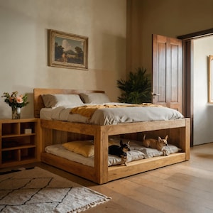 Minimalist Wooden Bed with Built-In Pet Sleeping Space for Bedroom