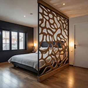 Modern Wooden Room Divider with Organic Openwork Design Artistic Partition Screen for Bedroom Living Room and Contemporary Interior