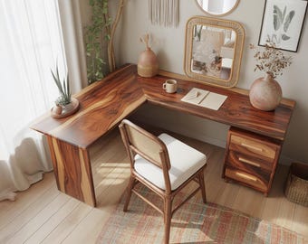 Modern L Shaped Wood Desk with Drawer Storage for Home Office Workspace or Makeup Vanity Corner Setup