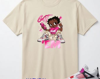 Got Em Shirt to Match AJ 4 Comic Sneaker, AJ 4 Comic Off White Anthracite Neutral Grey Fire Pink Light Arctic Pink Muslin Match Tee