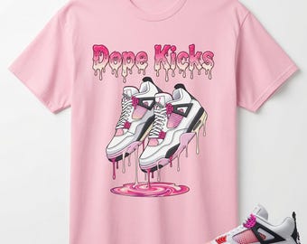 Dope Kicks Shirt to Match AJ 4 Comic Sneaker, AJ 4 Comic Off White Anthracite Neutral Grey Fire Pink Light Arctic Pink Muslin Match Tee