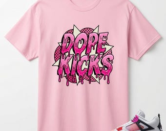 Dope Kick Shirt to Match AJ 4 Comic Sneaker, AJ 4 Comic Off White Anthracite Neutral Grey Fire Pink Light Arctic Pink Muslin Match Tee