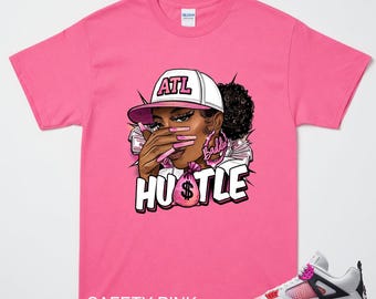 Baddie Hustle Shirt to Match AJ 4 Comic Sneaker, AJ 4 Comic Off White Anthracite Neutral Grey Fire Pink Light Arctic Pink Muslin Match Tee